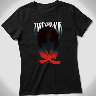 Digital illustration of a woman with red eyes, featuring bold colors — printed on a women's shirt