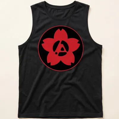 Modern graphic design featuring a red flower logo with an A symbol — printed on a tank top