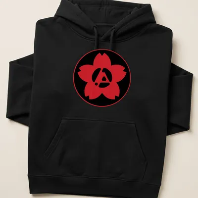 Modern graphic design featuring a red flower logo with an A symbol — printed on a unisex hoodie