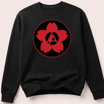 Modern graphic design featuring a red flower logo with an A symbol — printed on a unisex sweatshirt