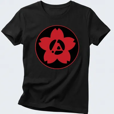 Modern graphic design featuring a red flower logo with an A symbol — printed on a women's shirt