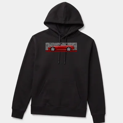 Freehand drawing of a red S2000 car with artistic text. — printed on a unisex hoodie
