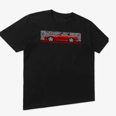 Freehand drawing of a red S2000 car with artistic text. — printed on a unisex t-shirt (angled view)