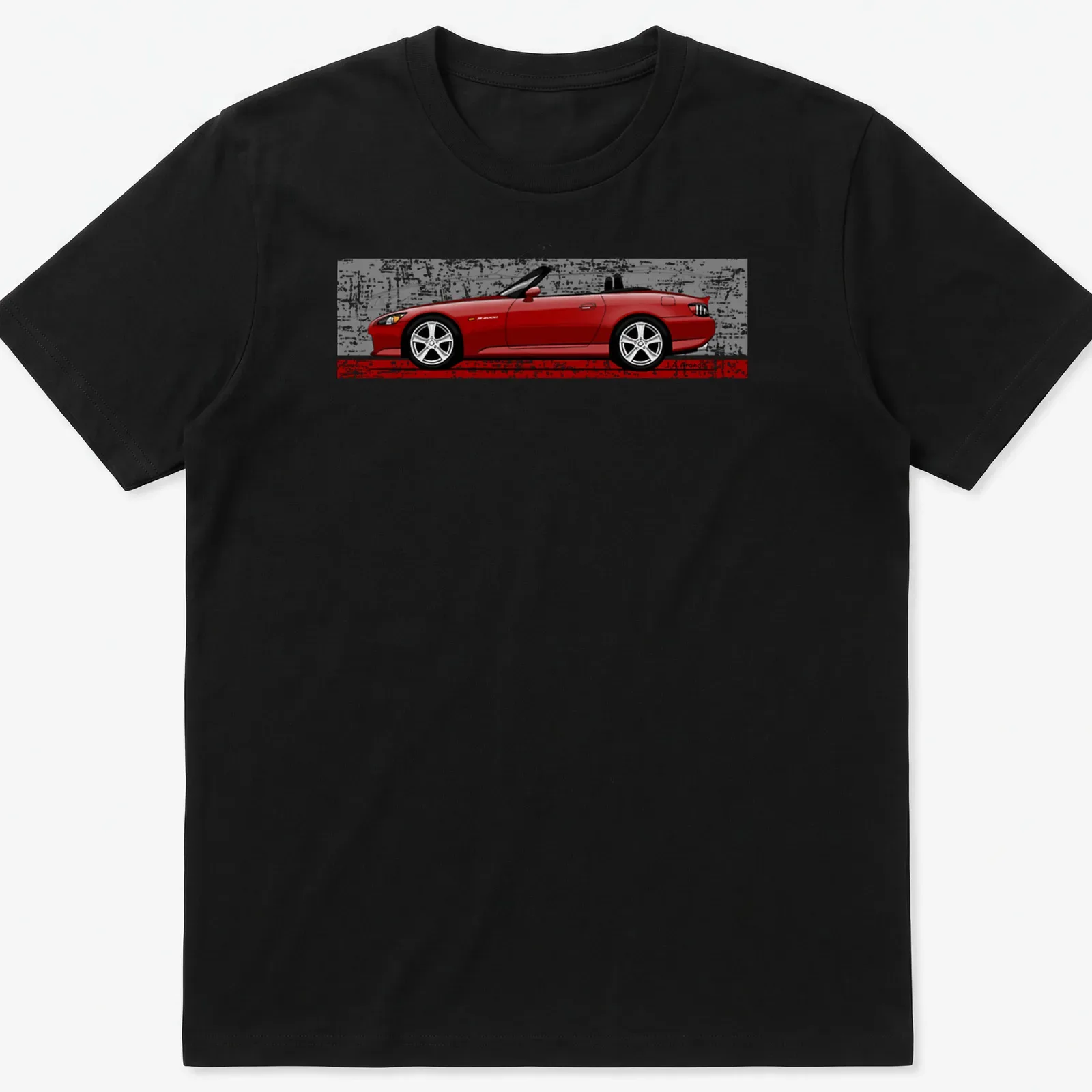 Freehand drawing of a red S2000 car with artistic text. — printed on a unisex t-shirt