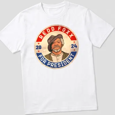 Retro T-shirt featuring Redd Foxx and 'Redd Foxx For President 2024' text.