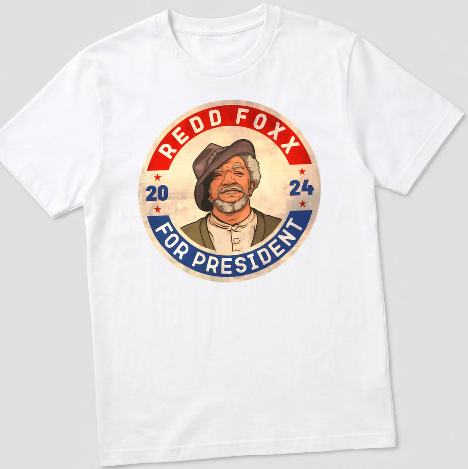 Retro T-shirt featuring Redd Foxx and 'Redd Foxx For President 2024' text. — printed on a unisex t-shirt