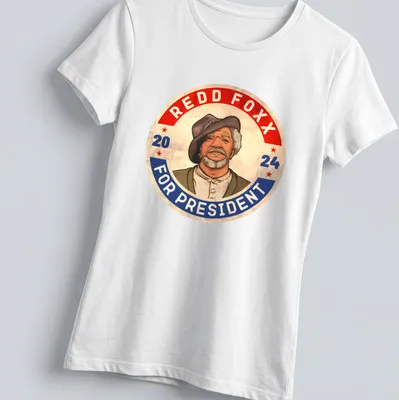 Retro T-shirt featuring Redd Foxx and 'Redd Foxx For President 2024' text. — printed on a women's shirt