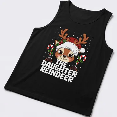 Cute cartoon reindeer design with festive colors for Christmas — printed on a tank top
