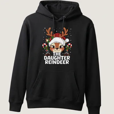 Cute cartoon reindeer design with festive colors for Christmas — printed on a unisex hoodie