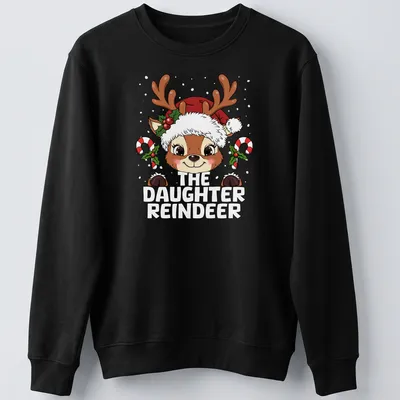 Cute cartoon reindeer design with festive colors for Christmas — printed on a unisex sweatshirt