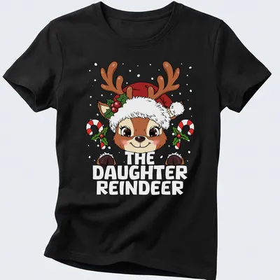 Cute cartoon reindeer design with festive colors for Christmas — printed on a women's shirt