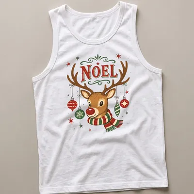 Vintage reindeer design with 'NOEL' text in festive colors — printed on a tank top