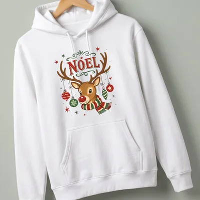 Vintage reindeer design with 'NOEL' text in festive colors — printed on a unisex hoodie