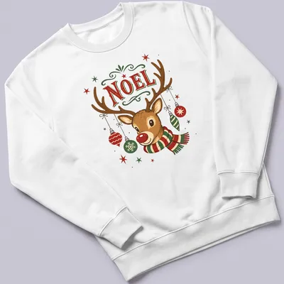 Vintage reindeer design with 'NOEL' text in festive colors — printed on a unisex sweatshirt