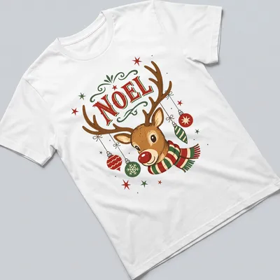 Vintage reindeer design with 'NOEL' text in festive colors