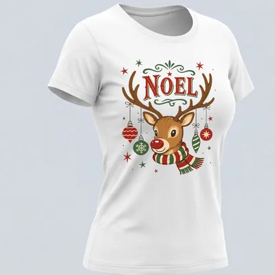 Vintage reindeer design with 'NOEL' text in festive colors — printed on a women's shirt