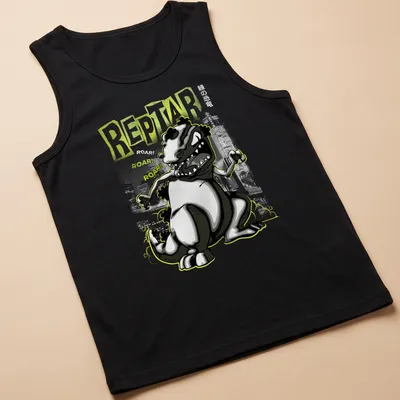 Cartoonish graphic of Reptar with bold text saying REPTAR ROAR! ROAR! ROAR! — printed on a tank top
