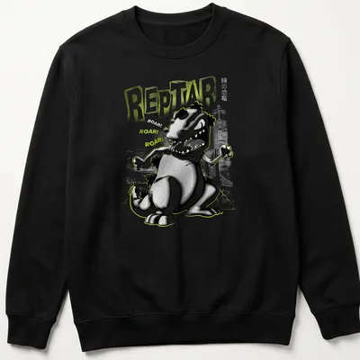 Cartoonish graphic of Reptar with bold text saying REPTAR ROAR! ROAR! ROAR! — printed on a unisex sweatshirt