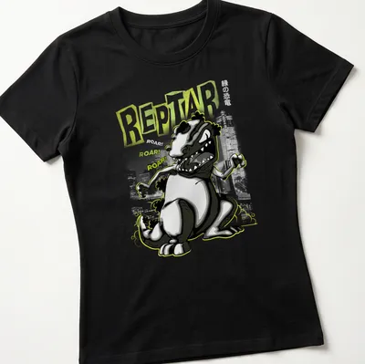 Cartoonish graphic of Reptar with bold text saying REPTAR ROAR! ROAR! ROAR! — printed on a women's shirt
