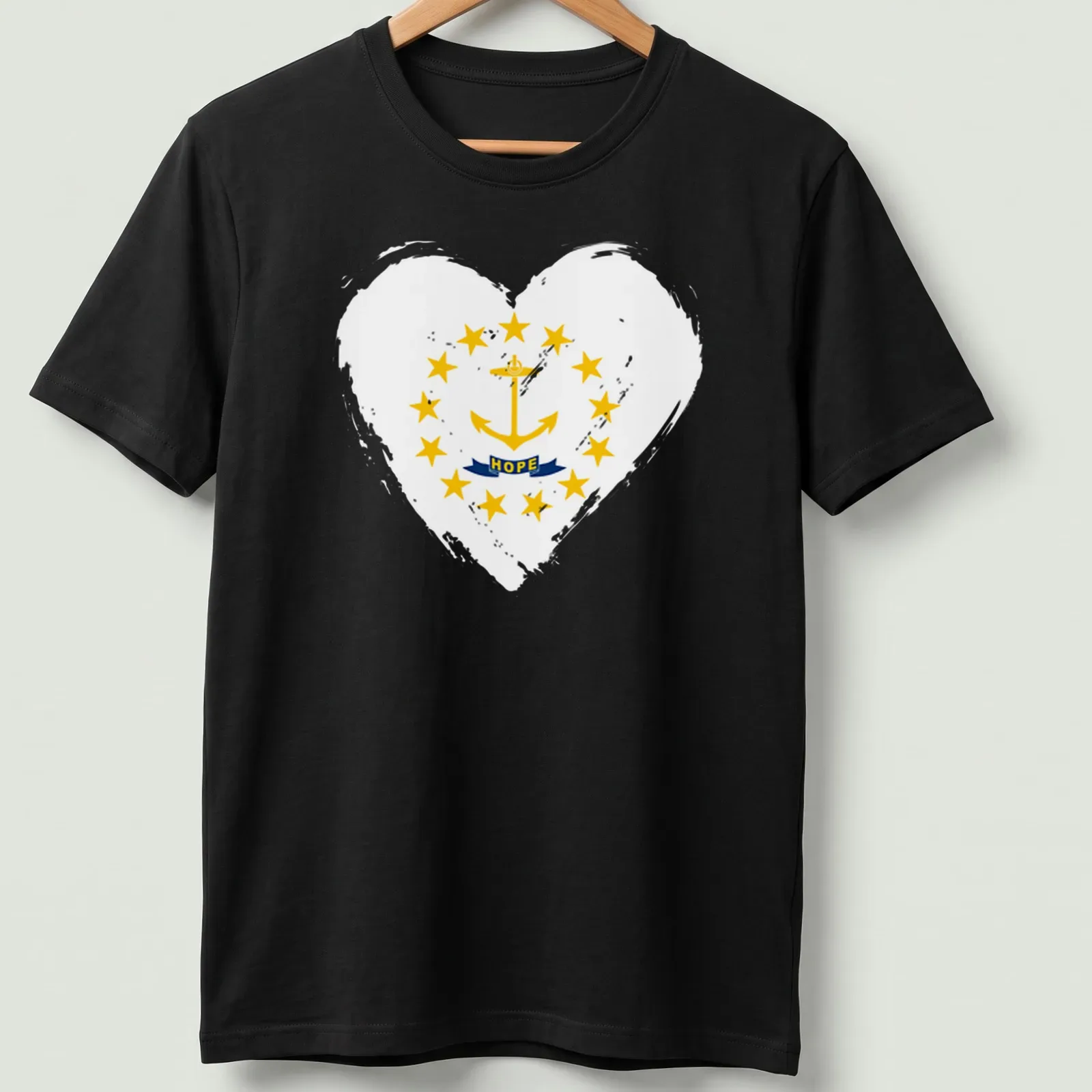 Graphic of an anchor with stars and the word 'HOPE' in yellow, blue, and white. — printed on a unisex t-shirt