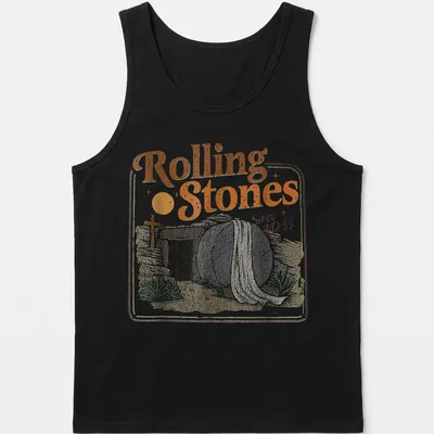 Retro t-shirt featuring the phrase Rolling Stones Since AD 33 above a tomb with a rolled stone — printed on a tank top