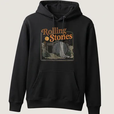 Retro t-shirt featuring the phrase Rolling Stones Since AD 33 above a tomb with a rolled stone — printed on a unisex hoodie