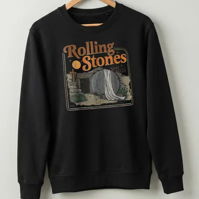 Retro t-shirt featuring the phrase Rolling Stones Since AD 33 above a tomb with a rolled stone — printed on a unisex sweatshirt