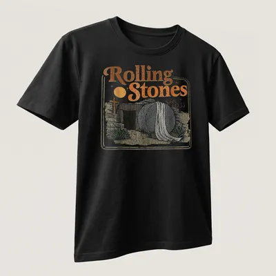 Retro t-shirt featuring the phrase Rolling Stones Since AD 33 above a tomb with a rolled stone — printed on a unisex t-shirt (angled view)