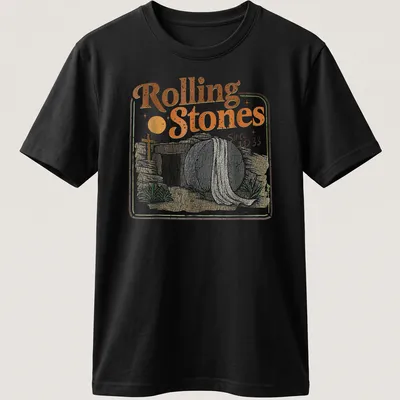 Retro t-shirt featuring the phrase Rolling Stones Since AD 33 above a tomb with a rolled stone