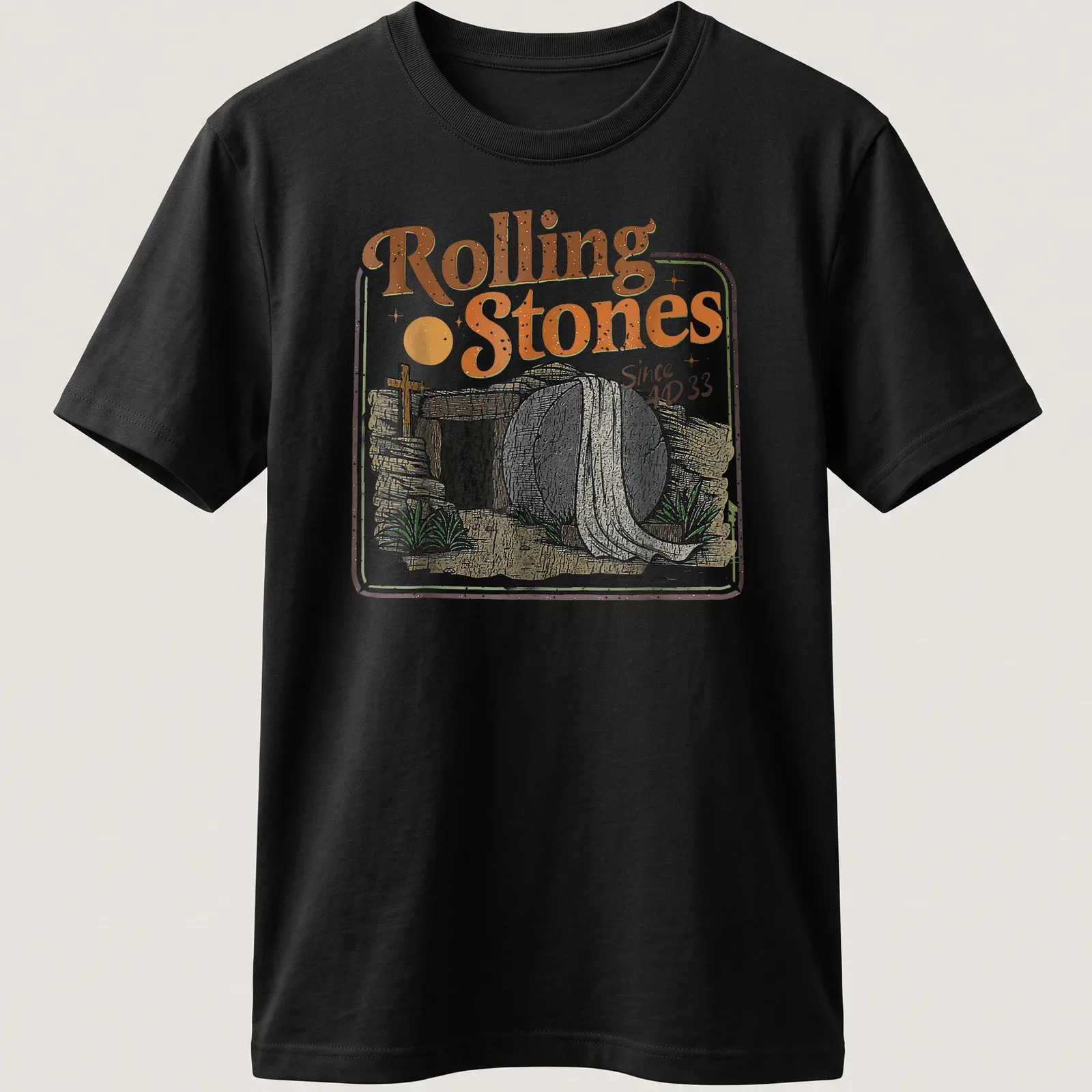 Retro t-shirt featuring the phrase Rolling Stones Since AD 33 above a tomb with a rolled stone — printed on a unisex t-shirt