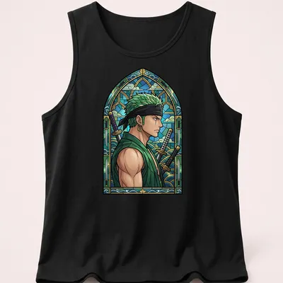 Stained glass style illustration of Roronoa Zoro in blue and green hues — printed on a tank top