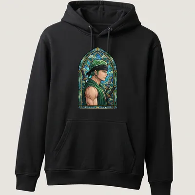 Stained glass style illustration of Roronoa Zoro in blue and green hues — printed on a unisex hoodie