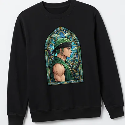 Stained glass style illustration of Roronoa Zoro in blue and green hues — printed on a unisex sweatshirt