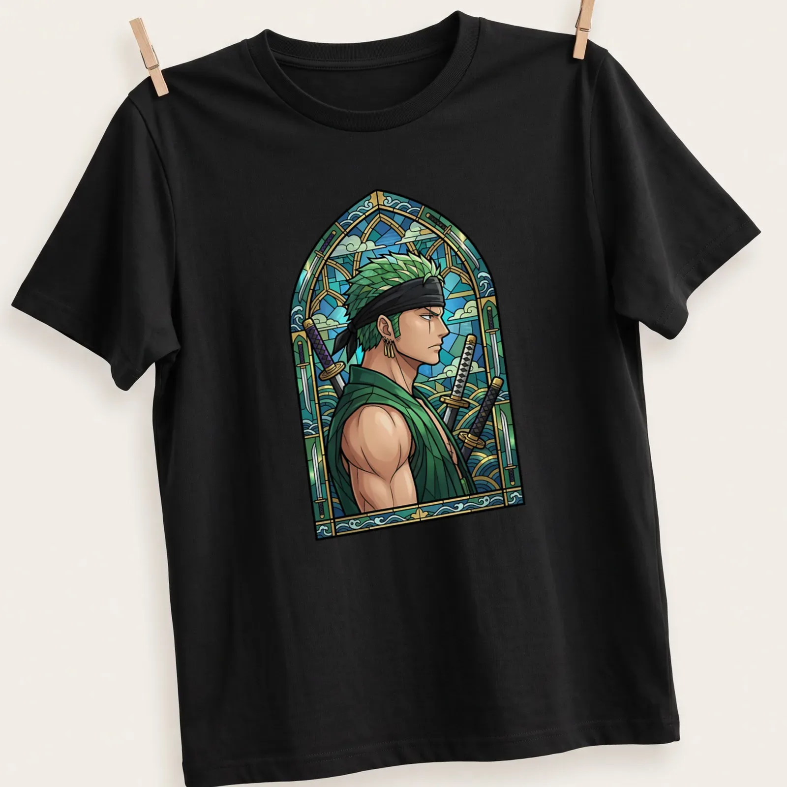 Stained glass style illustration of Roronoa Zoro in blue and green hues — printed on a unisex t-shirt