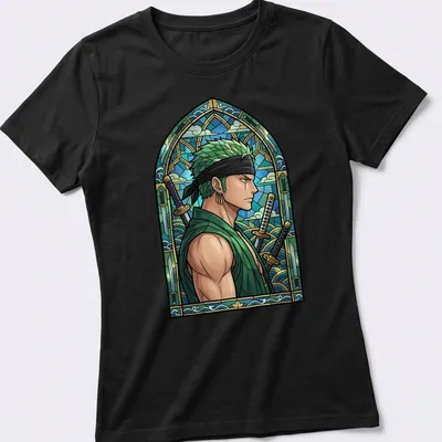 Stained glass style illustration of Roronoa Zoro in blue and green hues — printed on a women's shirt