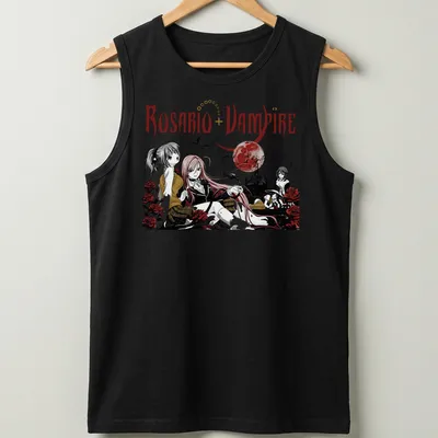 Gothic design featuring manga characters and roses with Rosario + Vampire text — printed on a tank top