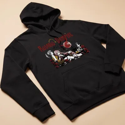 Gothic design featuring manga characters and roses with Rosario + Vampire text — printed on a unisex hoodie