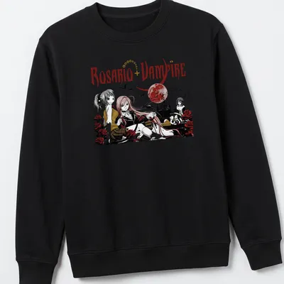 Gothic design featuring manga characters and roses with Rosario + Vampire text — printed on a unisex sweatshirt