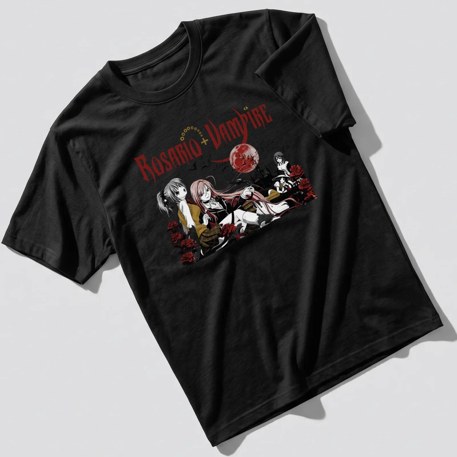 Gothic design featuring manga characters and roses with Rosario + Vampire text — printed on a unisex t-shirt