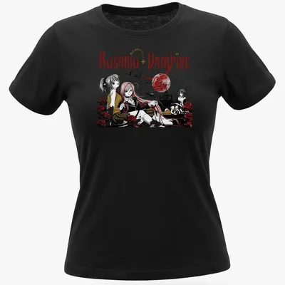 Gothic design featuring manga characters and roses with Rosario + Vampire text — printed on a women's shirt