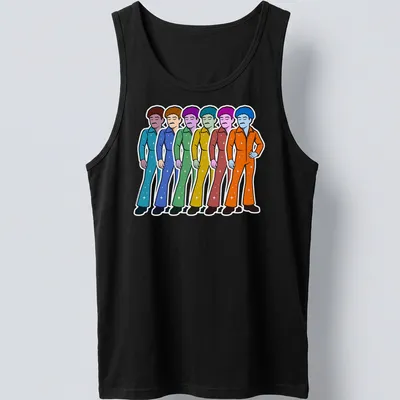 Cartoonish illustration of colorful popstars in sparkly jumpsuits — printed on a tank top