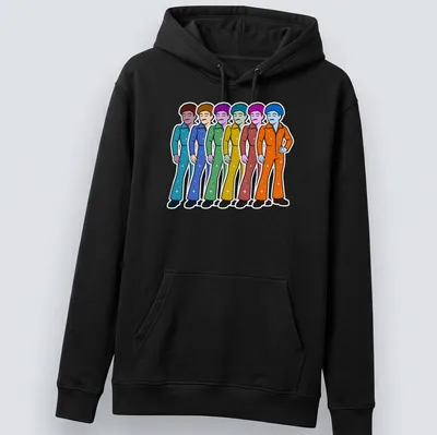 Cartoonish illustration of colorful popstars in sparkly jumpsuits — printed on a unisex hoodie