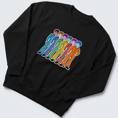 Cartoonish illustration of colorful popstars in sparkly jumpsuits — printed on a unisex sweatshirt