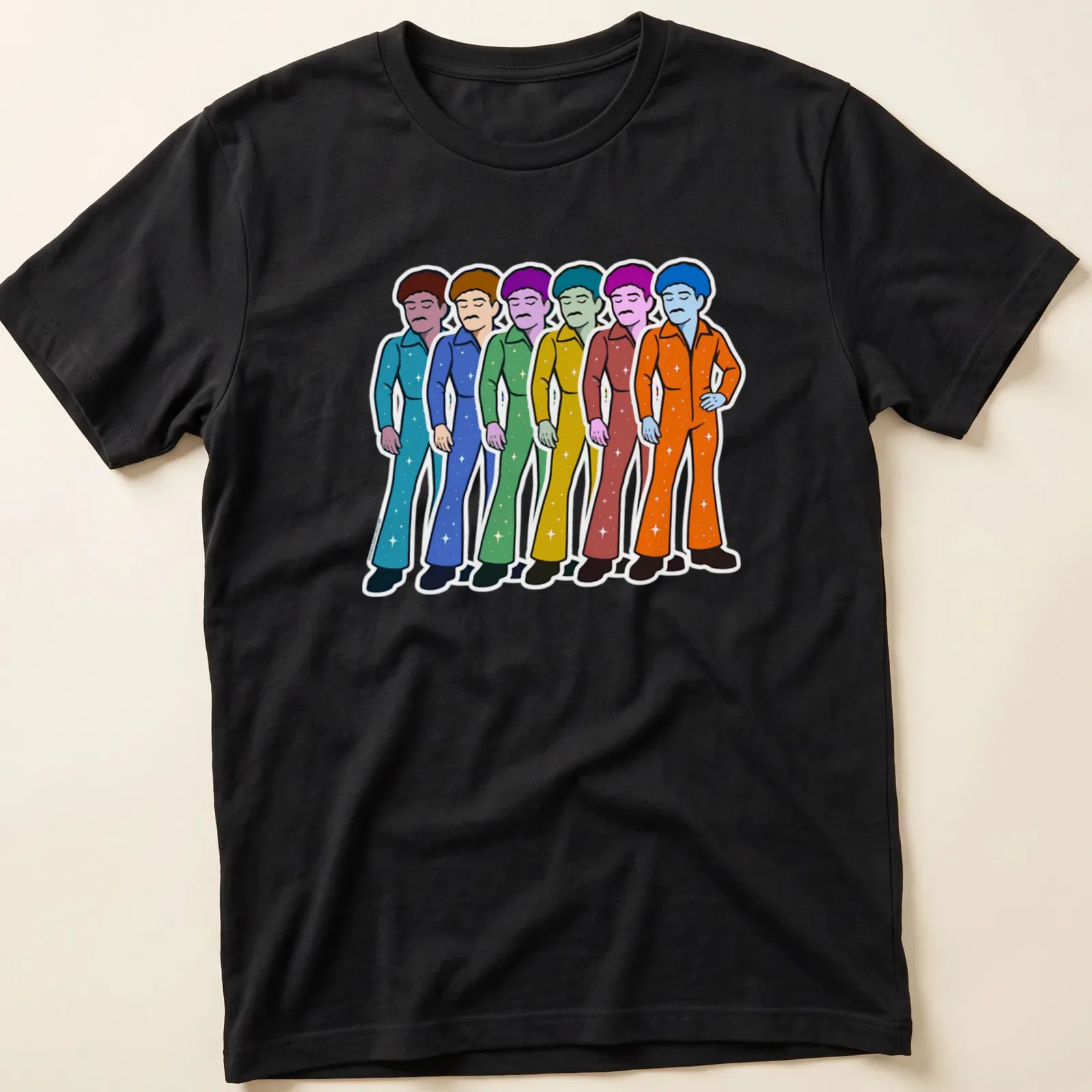 Cartoonish illustration of colorful popstars in sparkly jumpsuits — printed on a unisex t-shirt