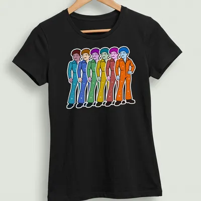 Cartoonish illustration of colorful popstars in sparkly jumpsuits — printed on a women's shirt