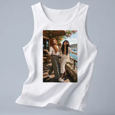 Realistic photo of Rowan Fletcher and Shanti Riveria on — printed on a tank top