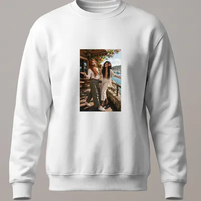 Realistic photo of Rowan Fletcher and Shanti Riveria on — printed on a unisex sweatshirt