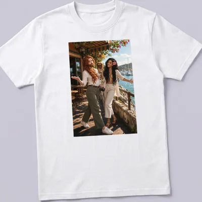 Realistic photo of Rowan Fletcher and Shanti Riveria on T-shirt