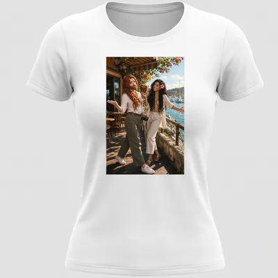 Realistic photo of Rowan Fletcher and Shanti Riveria on — printed on a women's shirt