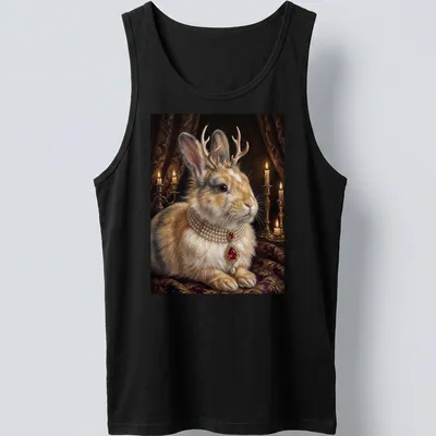 Realistic design of a Royal Jackalope Rabbit wearing a ruby pearl necklace — printed on a tank top